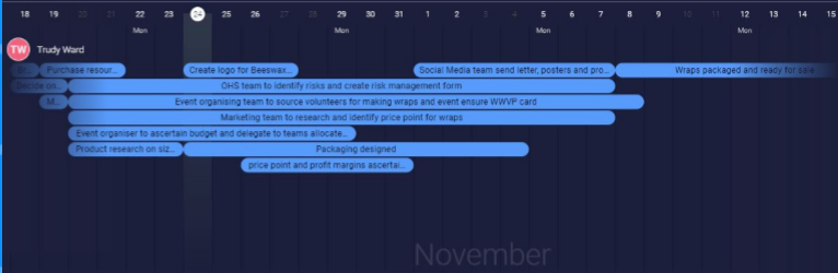 Example of a timeline used to schedule tasks due for Beeswax Wrap project