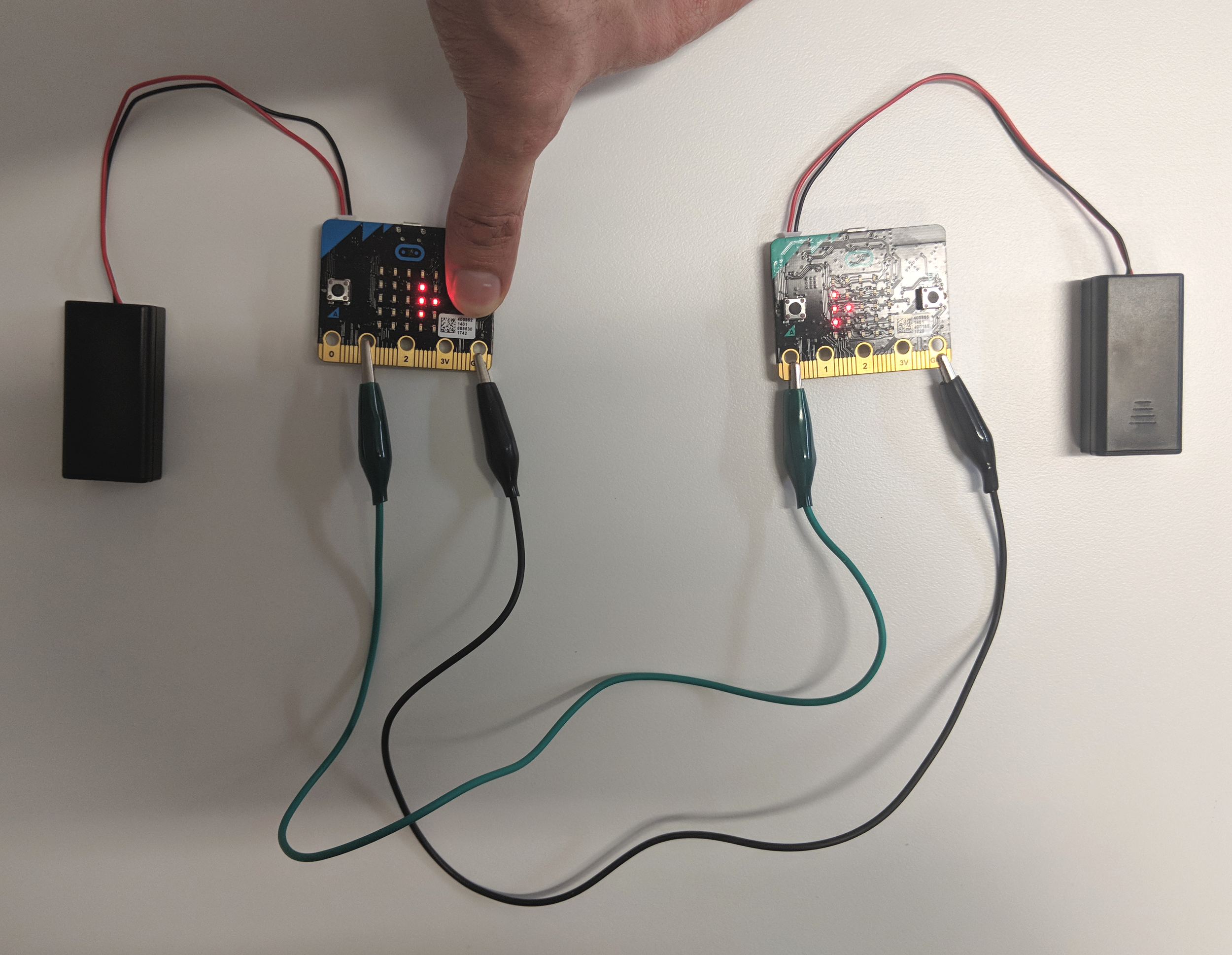 Photograph of two micro:bits connected together.