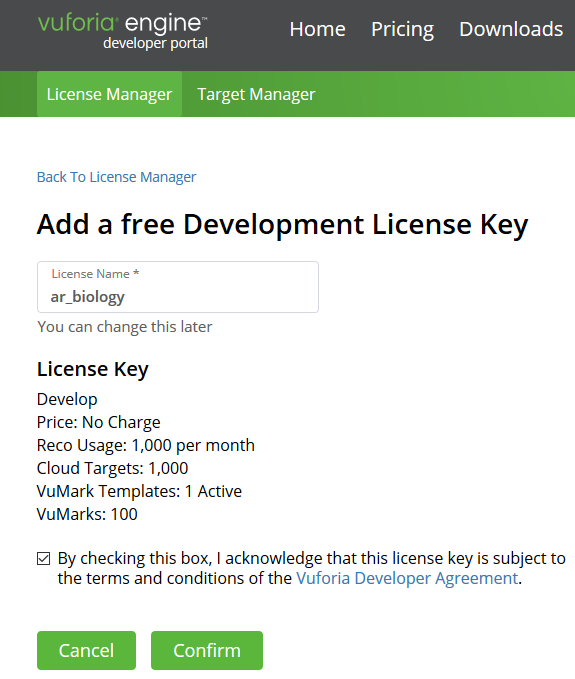 A screen shot of the Vuforia Engine Developer Portal that is asking for a development key. In the 'License name' field, this user has typed 'AR biology'.