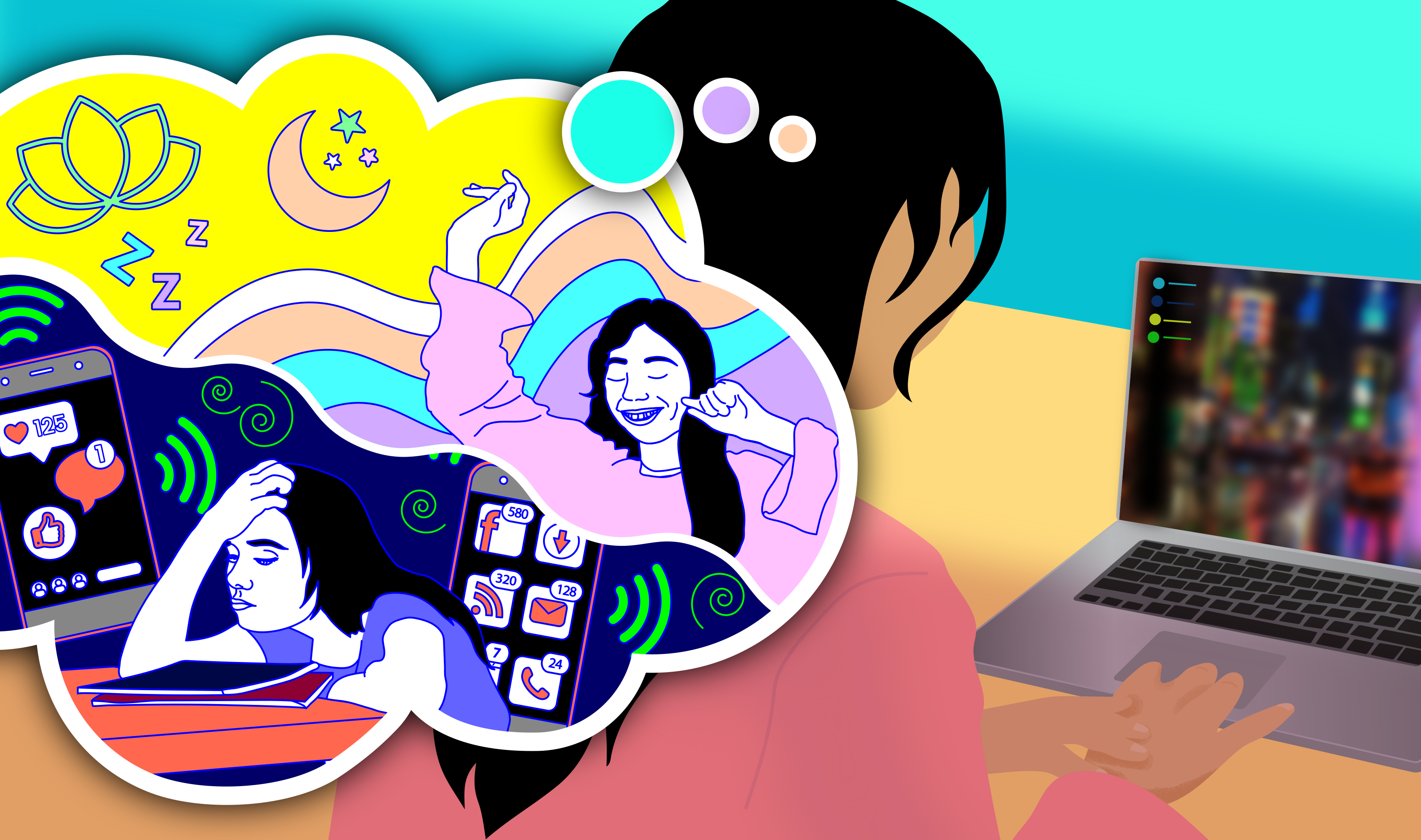 Illustration of a person using a laptop while thought bubbles show both positive and negative online experiences. The bubbles include sleep and wellbeing symbols, social media notifications, and images of online interactions, highlighting the impact of digital technology on wellbeing.