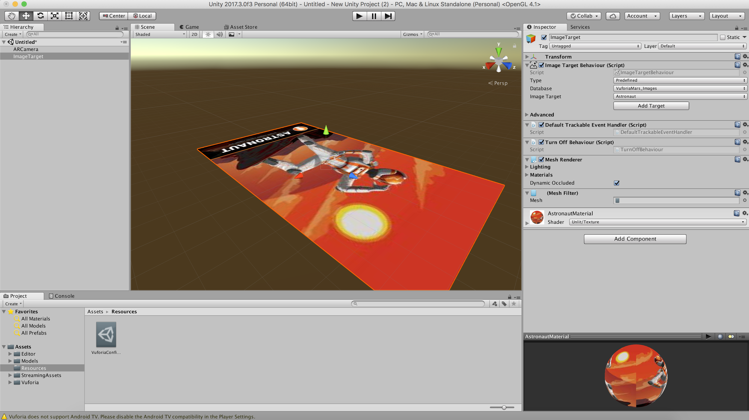 Screenshot of a Vuforia sample project that is being edited.