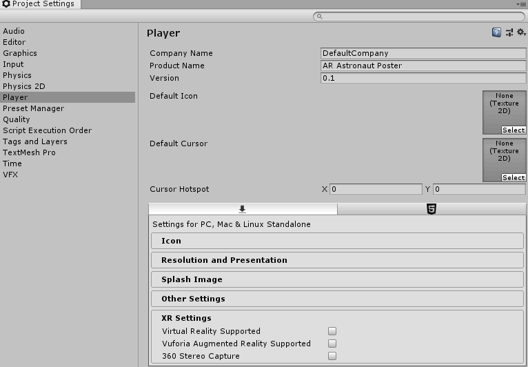 Screen shot of the project settings, settled on the Player tab.