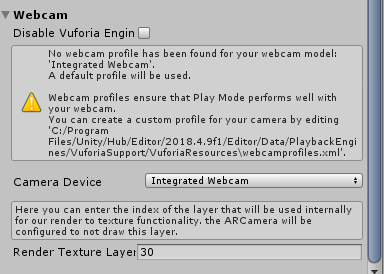 Screenshot of the Vuforia Inspector window displaying the webcam settings