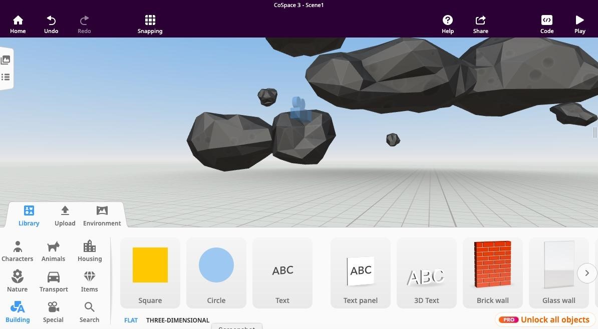Screen shot of a sample CoSpaces 3D environment with space rocks.