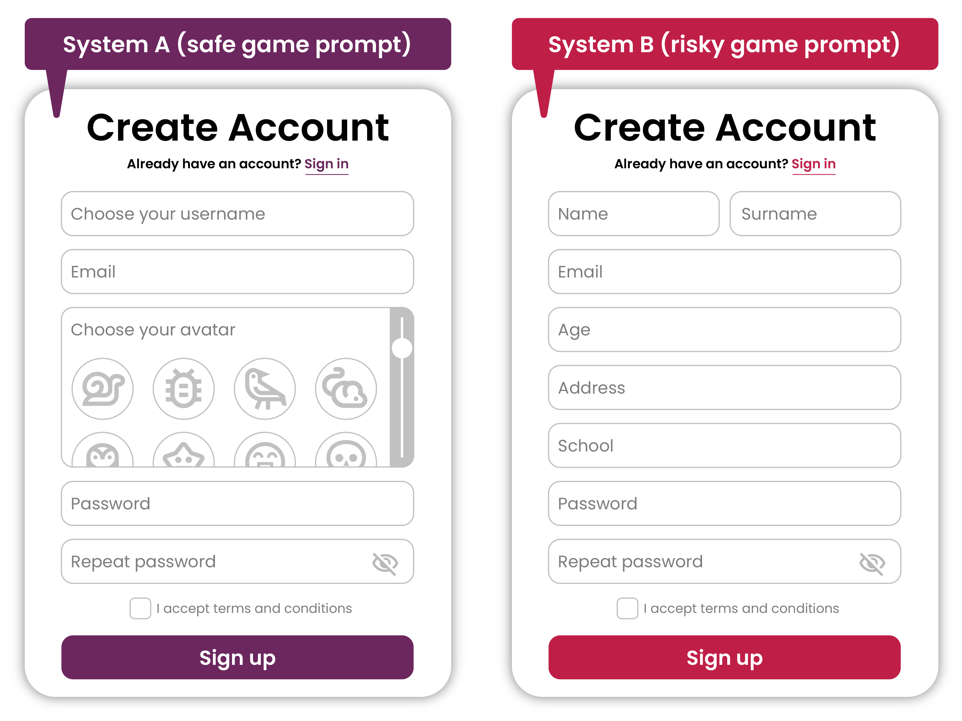 Comparison of a safe game sign-up form and a risky sign-up form that requests personal information.