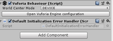 Screen shot of Vuforia engine configuration which has now been enabled so that users can add components.