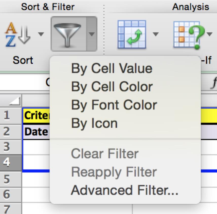 Image displays the filter drop down menu, where Advanced Filter is to be selected.