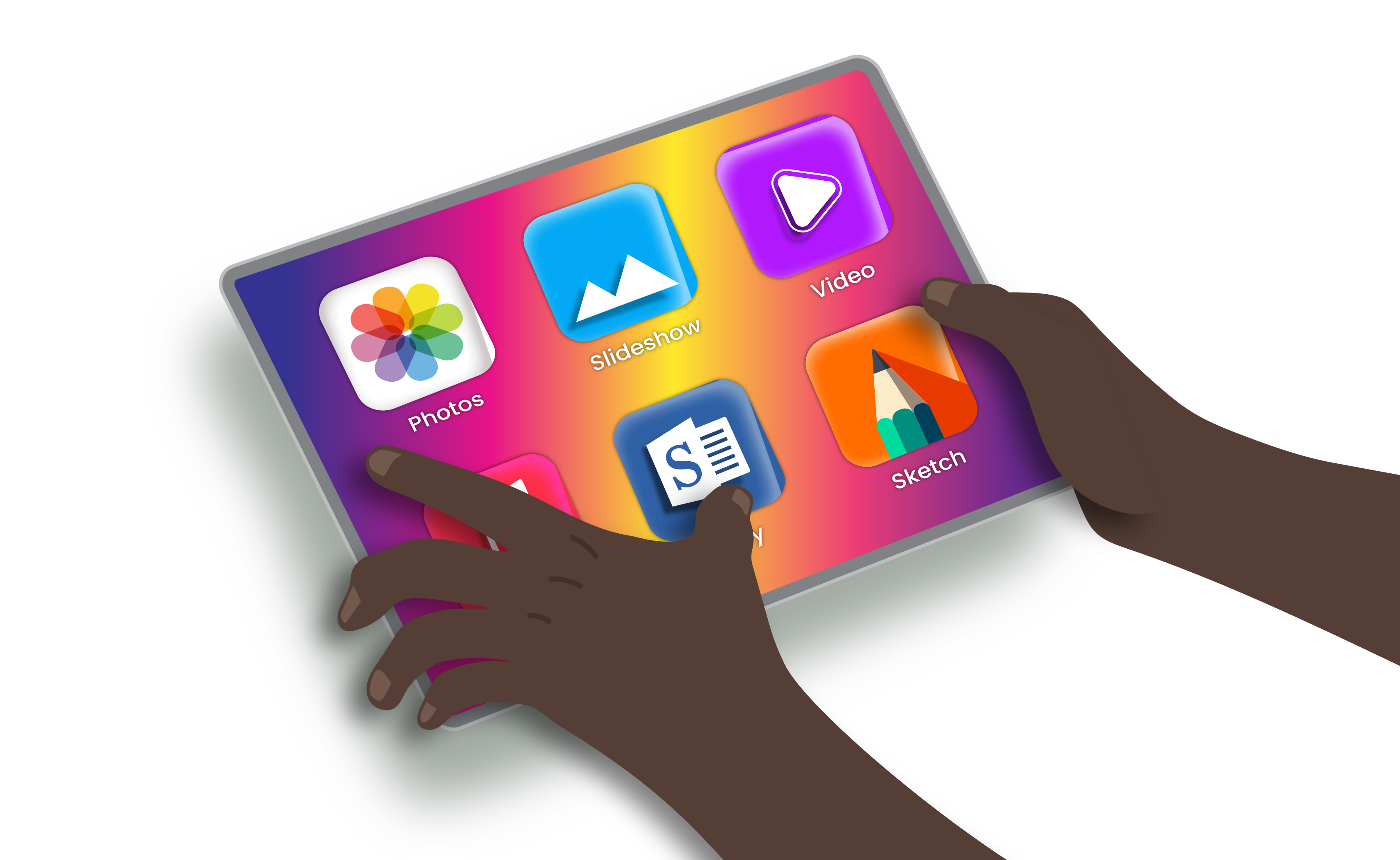 Hands hold a tablet device displaying app icons for photos, slideshows, video, documents, and drawing tools.