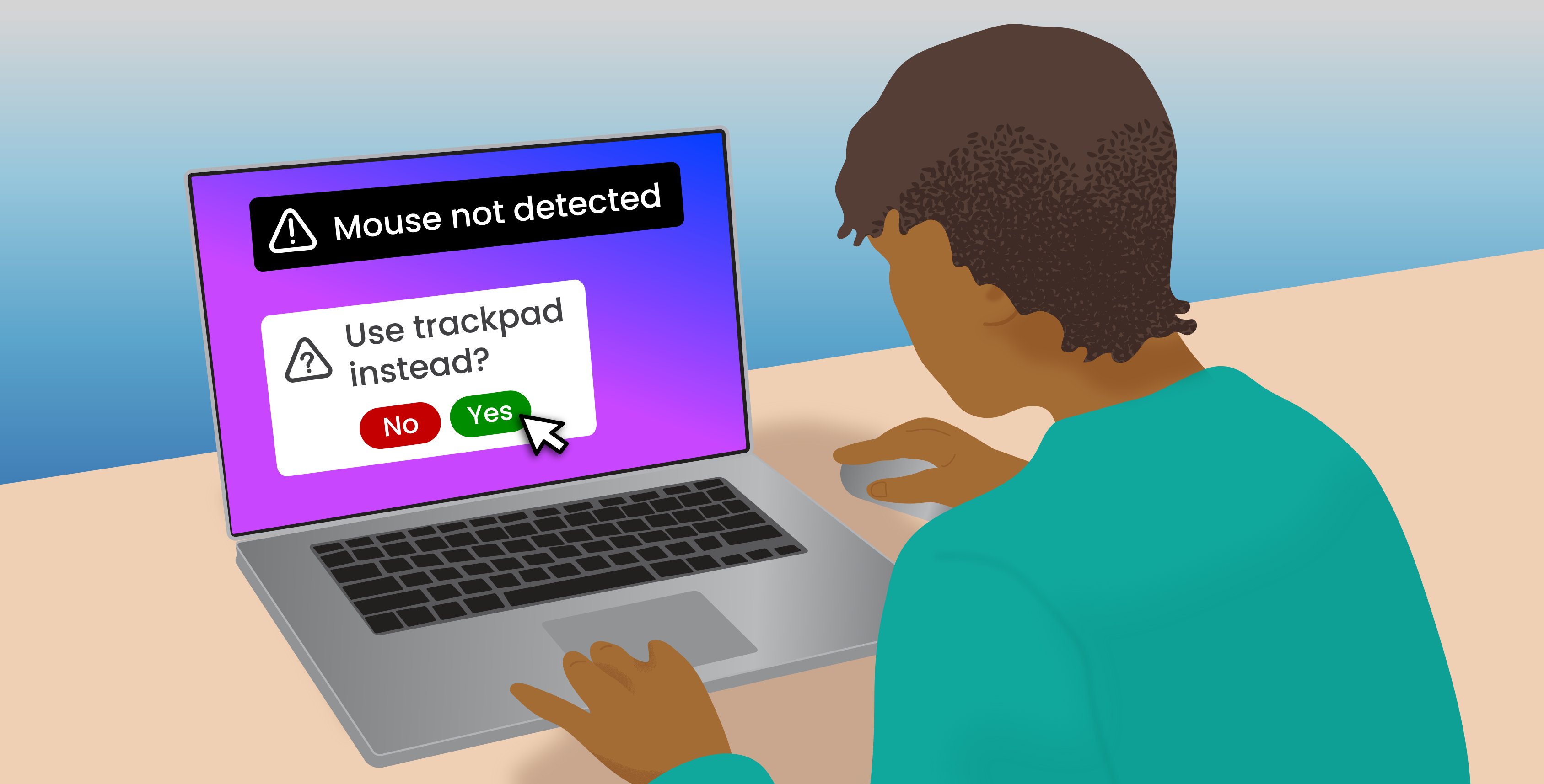 A student using a laptop while a message on the screen says “Mouse not detected” and suggests using the trackpad instead. A cursor selects “Yes,” demonstrating troubleshooting an input device problem.