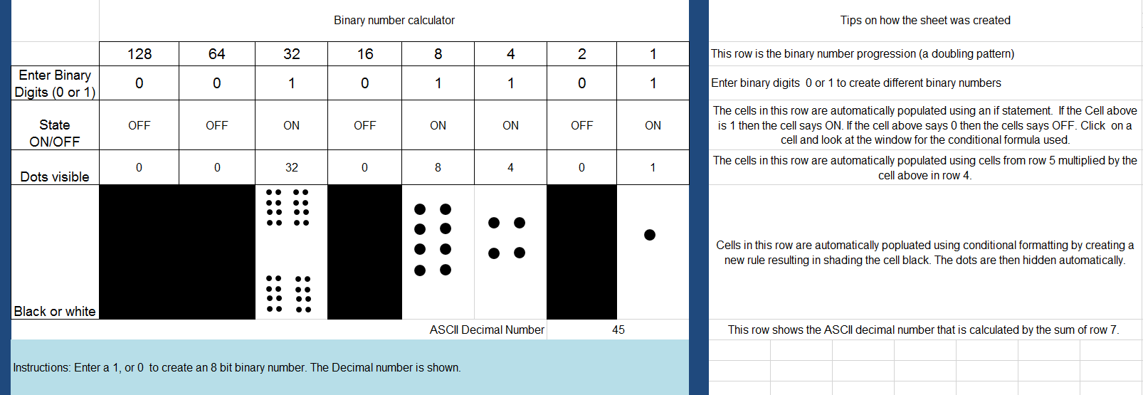 Binary to decimal converter - full version with tips