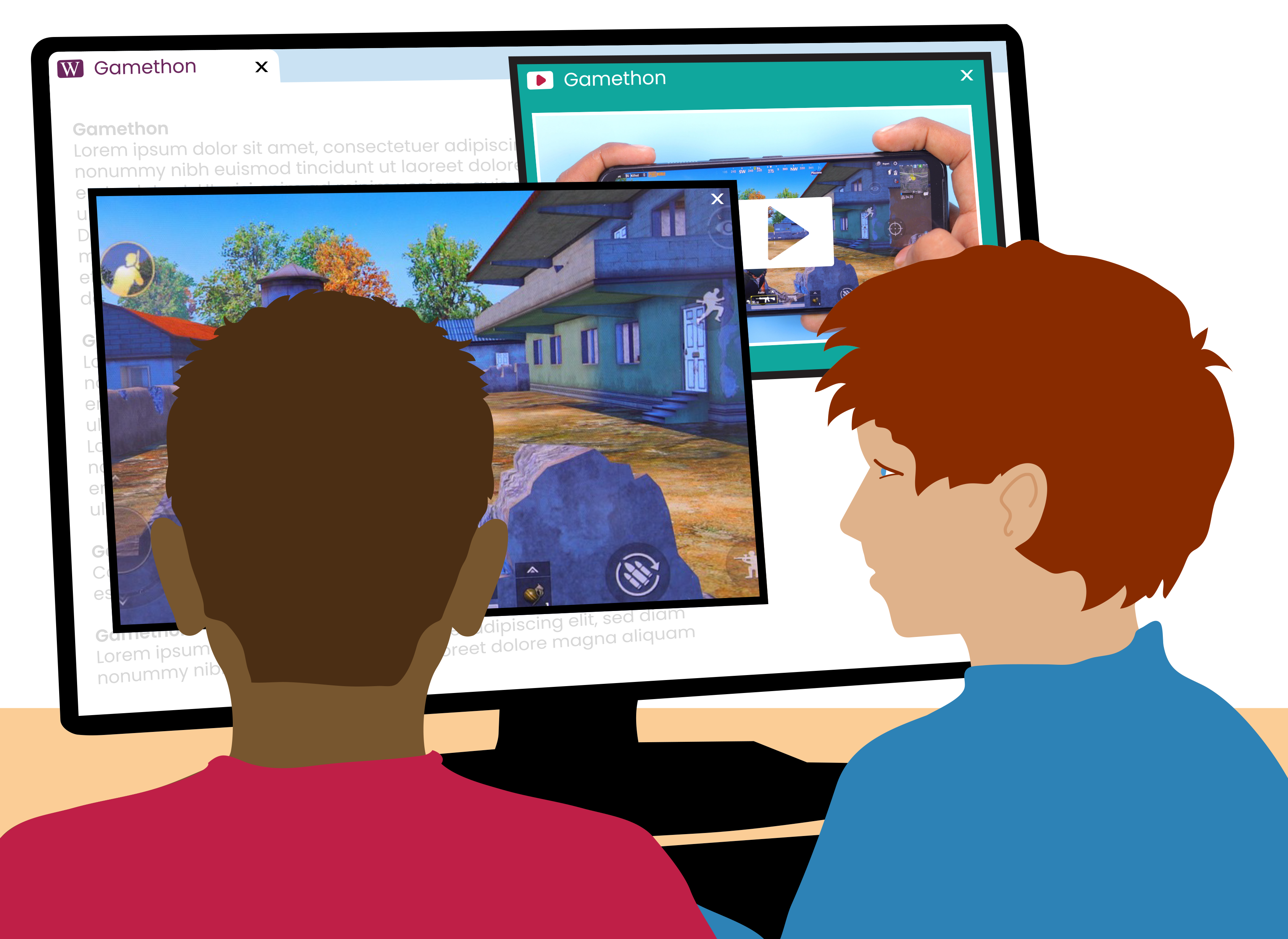 Two students viewing online game content on a computer screen.