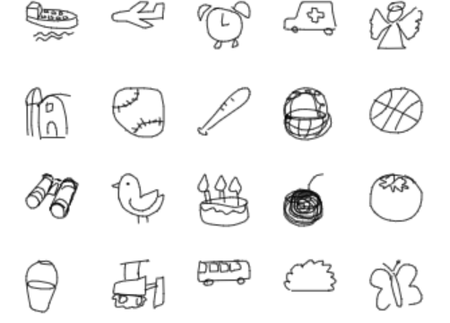 Grid of simple hand-drawn icons including a boat, aeroplane, alarm clock, ambulance, angel, house, baseball, cricket bat, ball, basketball, binoculars, bird, birthday cake, ball of yarn, tomato, bucket, tractor, bus, bush and butterfly. Black and white sketches on a light background.