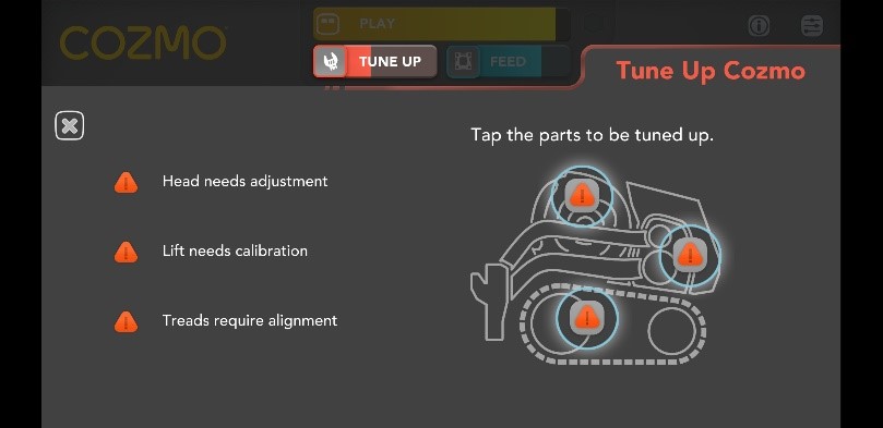 Image showing different parts of the Cozmo robot that may need a tune up. These include the head needing adjustment, the lift needing calibration or treads requiring alignment.