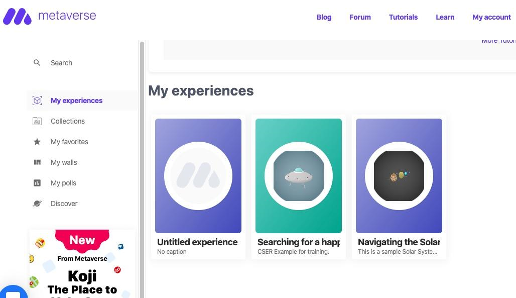 A screenshotted image displaying the 'My experiences' page in the Metaverse app, where users can see their current and past experiences or projects.
