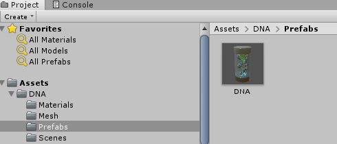 Screenshot of the Project dialogue box displaying the DNA assets folder with Prefabs with the DNA double helix image.