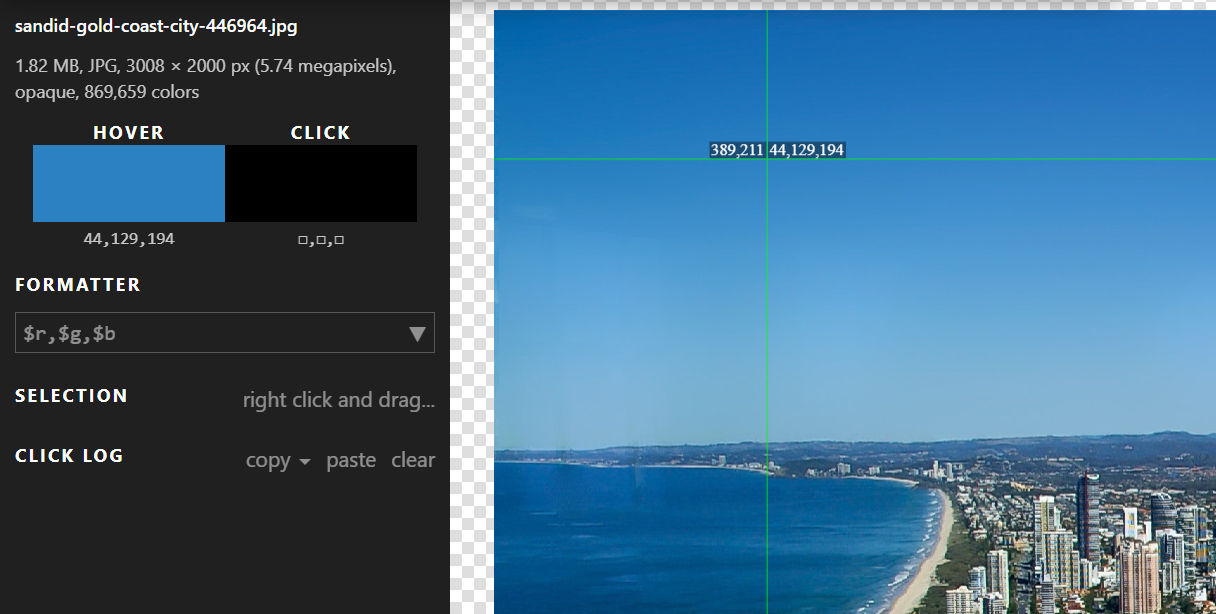 Screenshot of a colour-picker tool analysing a landscape photo. Crosshair guides select a point in the blue sky above dark mountains and water, while a panel on the left displays the RGB colour values of the selected pixel (RGB 44,129,194). 